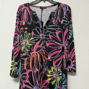 LILY Black Notch Neck 3 Quarter Sleeves with Colorful Abstract Floral Dress - XL